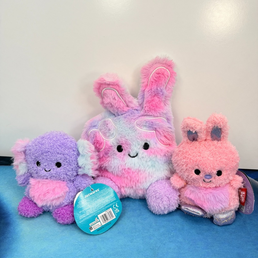 Jazwares BumBumz Plush Lot 3 Mini 5-8" Pink Bunny Purple Alien Beanbag Stuffed